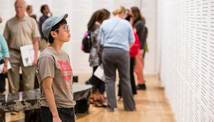 a person looking at art